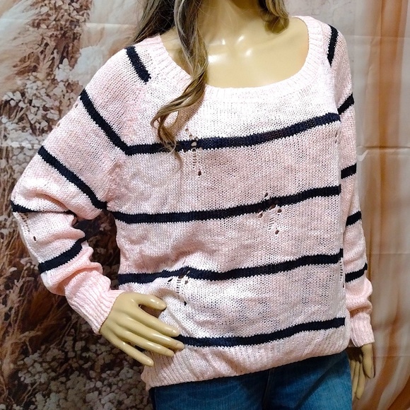 Miracle Women's Pink w/ Black Stripes Distressed Soft Knit Pullover Sweater - Picture 1 of 8